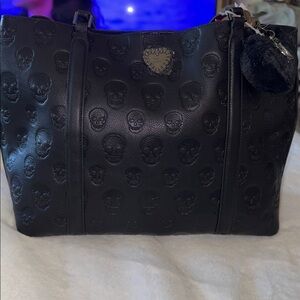 BETSEY JOHNSON Embossed Skull Tote with fuzzy bag charm